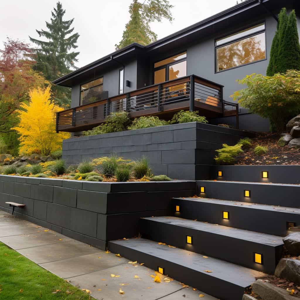 retaining wall and front yard steps, in the style of vancouver school, dark bronze and yellow, 32k uhd, concrete, cottagepunk, framing Job ID: 04b75c48-3d36-4a19-a3c5-0da980b7ee28